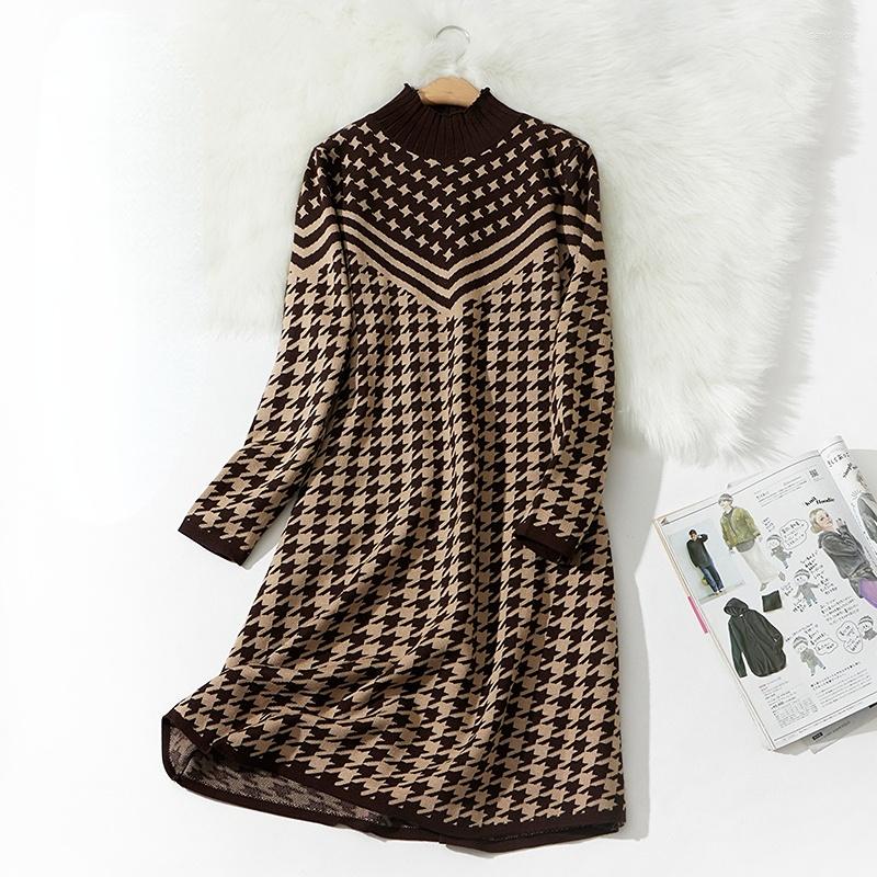 Casual Dresses Women Thickened Thousand Bird Check Knitted Dress Women&#39;s Winter Loose Heat Keep High Collar Sweater Vestidos Cjk