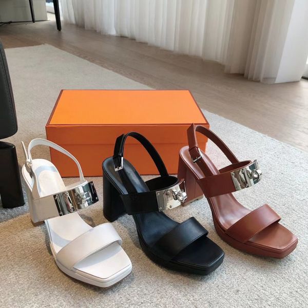Women sandals top quality highest version waterproof platform thick high heel waterproof platform open toe metal buckle square head cowhide