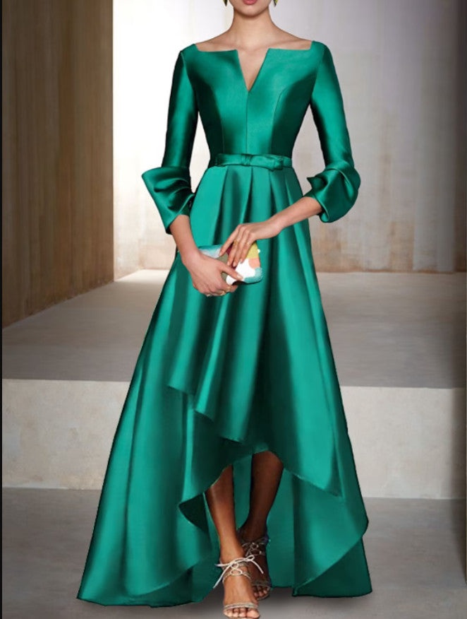Elegant Hi-Lo Satin V-Neck Mother of the Bride Dress Satin Green Aysmmetrical Formal Party Gown Pleats La madre del vestido de novia Women Dresses W