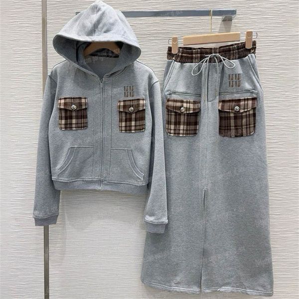 Women Cropped Hooded Jacket Skirt Outfit Designer Plaid Patchwork Zipper Hoodies Split Skirts Set Contrast Color Drawstring Skirt Casual Jac