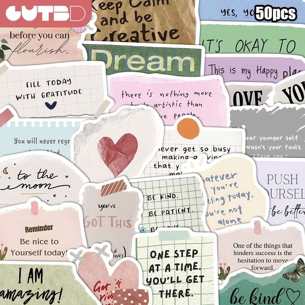 TEMU 50pcs Inspirational English Text Stickers - Pvc Waterproof Decals With Motivational Phrases For Skateboards, Guitars, Notebooks, And Desk Decor,