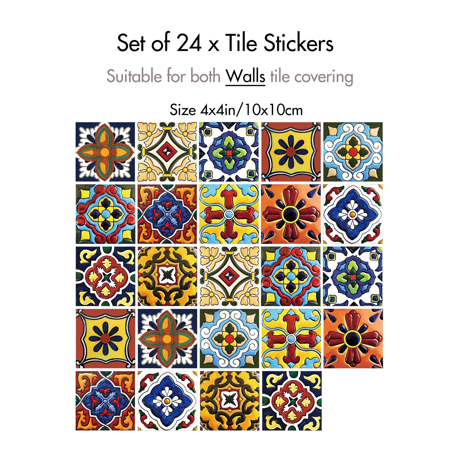 TEMU 24pcs Bohemian Style Vinyl Tile Decals, 4x4inch Self-adhesive Peel And Stick Wall Stickers, Glossy Finish, Plant Theme, Multi-surface