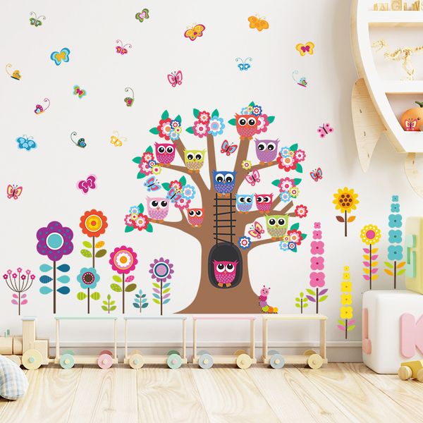 Wall Stickers Cartoon Tree Cute Owl Flower Butterfly Wall Decal Removable Decal Decorative Art Fresco Kindergarten Children&#039;s Baby Bedr