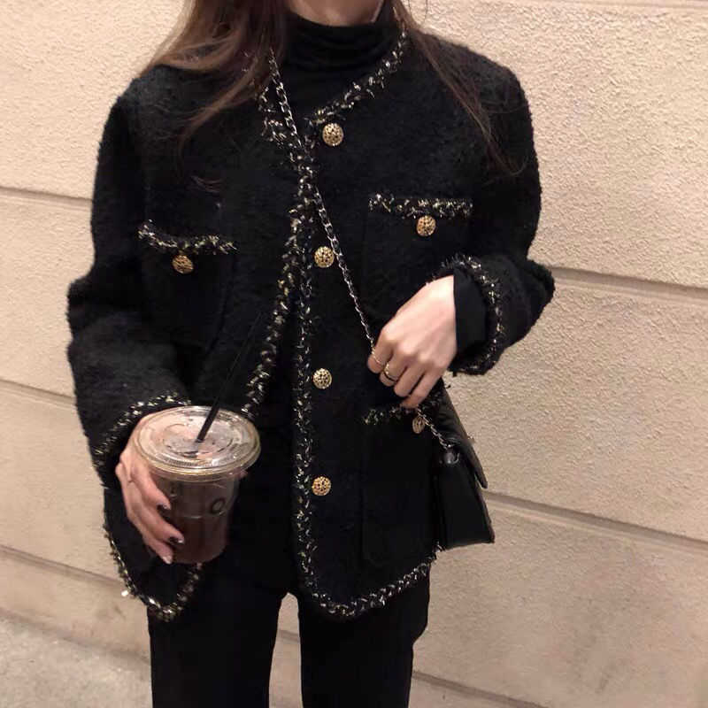 Women&#039;s Jackets Korean Female Black Tweed Jacket Coat Women Outerwear Coats Channel Style Suit Cropped Stripeed Kawaii Vintage Fashion Suit T22