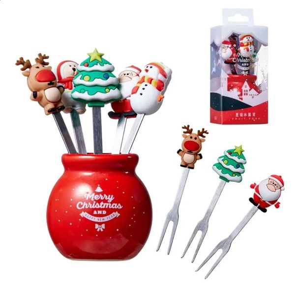 1 set of stainless steel Christmas tree dessert fruit forks with brackets mini cute salad food utensils kitchen tools 240827