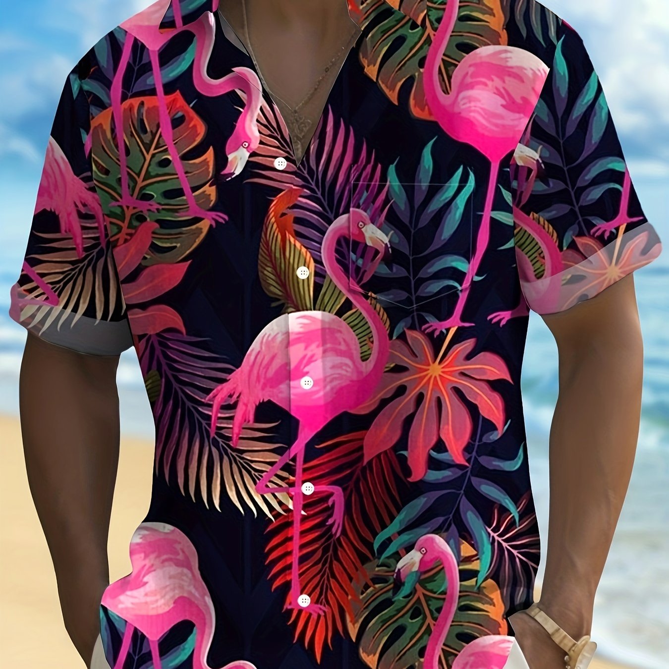 TEMU Flamingo Print Men's Casual Short Sleeve Hawaiian Shirt, Men's Shirt For Resort, Tops For Men, Gift For Men