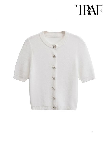 TRAFWomens Knitted Cardigan Sweater with Buttons O Neck Short Sleeve Female Outerwear Chic Tops Fashion 250208