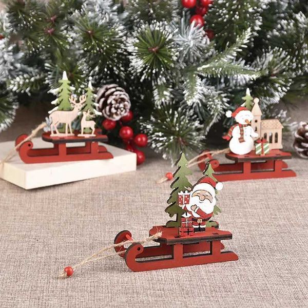 Christmas decoration wooden sled Santa Claus snowman reindeer sled pendant Christmas tree home party decoration Christmas gift W241008