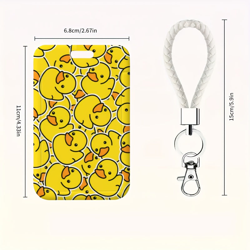 TEMU 1pc Cute Yellow Duck Id Card Holder With Wrist Strap - Durable Waterproof & Stain-resistant Plastic Id With Clear Window & Cute , Keychain &