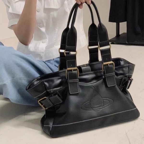 Brand Saturn Tote Bags Vintage Black Leather Hobo Large Capacity Crossbody Bag X241005