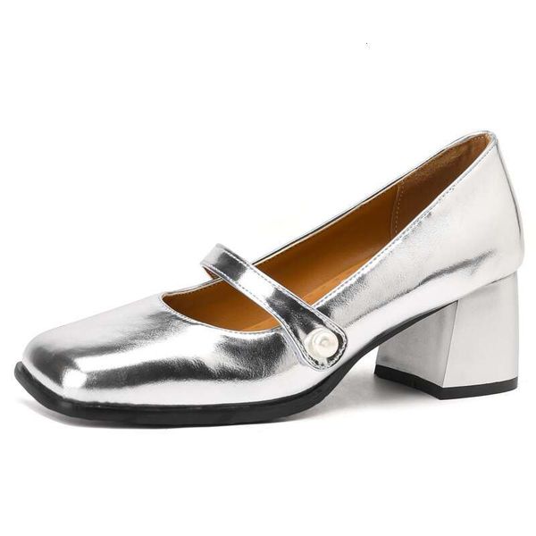 Elegant Short Heels Mary Janes Shoes Woman Straps Sier Black Heeled Pumps Large Office Party Wedding Shoe Ladies Big Size