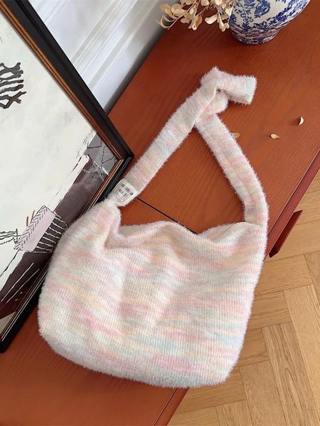 Cute Rainbow Plush Knitted Cross Shoulder Bag for Women Large Capacity Handbag Soft and Fluffy Travel Messenger Bag Canvas School Bag 241025