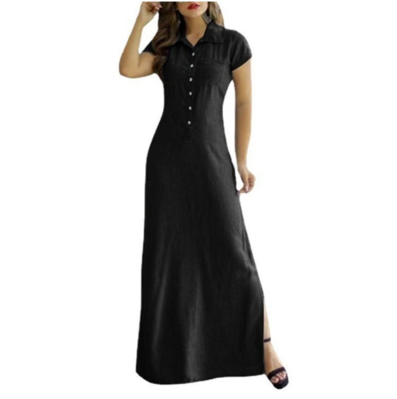 (1318) Shirt Collar Slit Pocket Large Swing Skirt Large Size Casual Denim Dress