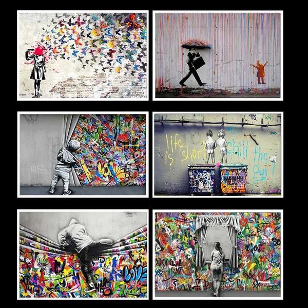 Boy Graffiti Poster Behind Curtains Banksy Street Interesting Canvas Painting Wall Art Home Bed Y241031