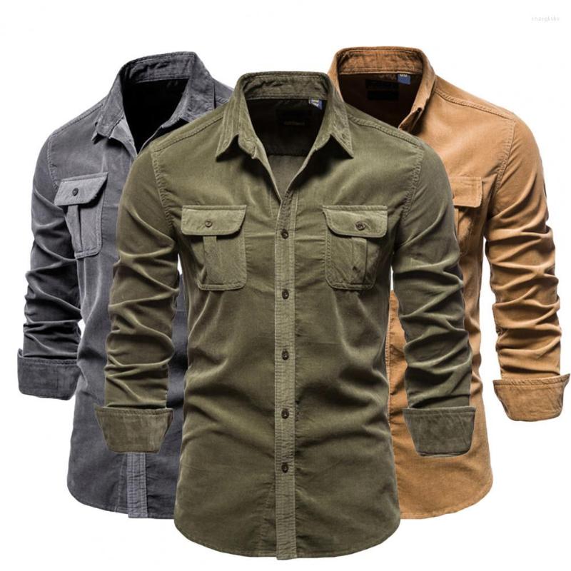 Men&#039;s Casual Shirts Men Shirt Solid Color Turn-down Collar Winter Slim Fit Button Decor Spring Two Pockets Male For Work