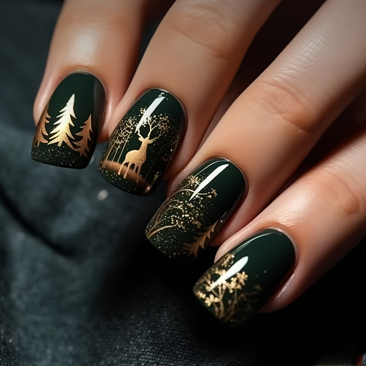 TEMU 24pcs Christmas Press-on Nails - Dark Green & Golden Glossy Short Square Fake Nails With Deer, Trees & Snowflakes Design - Holiday Nail Art For
