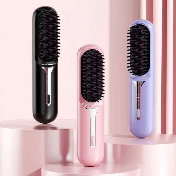 Hair Straighteners Hair Straightener Brush USB Rechargeable Cordless Negative Ions Hot Brush Electric Fluffy Curly Hair Styling Detangling C