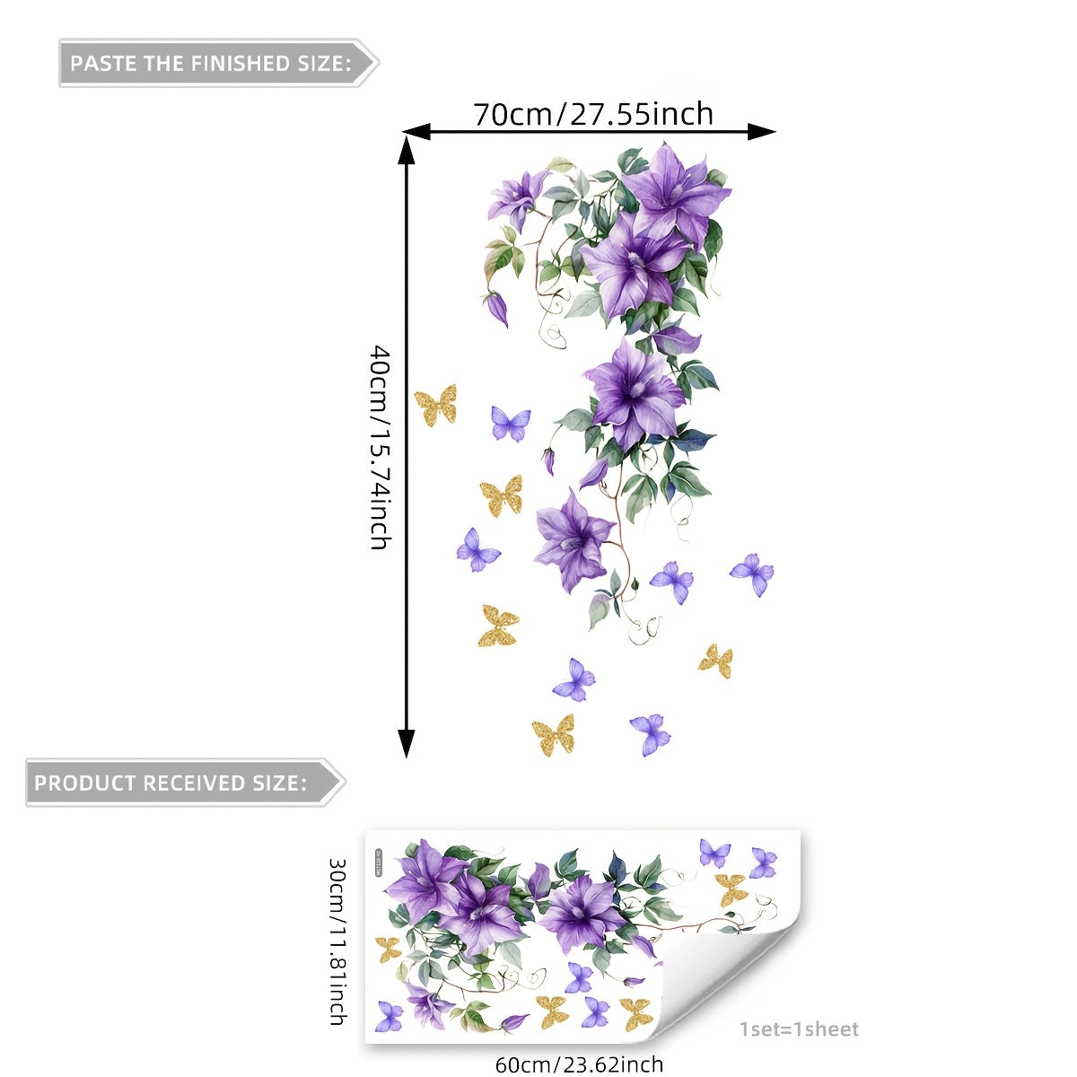 TEMU Purple Floral & Self-adhesive Wall Decals, 12"x24", Pvc Bathroom And Cabinet Decor Stickers