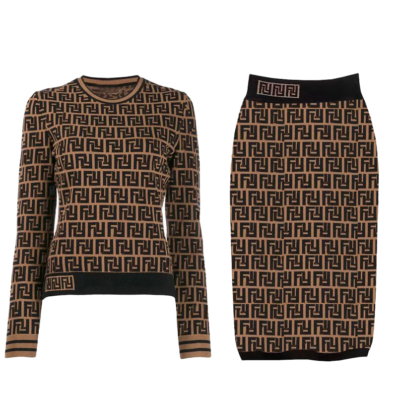 Designer Two Piece Set Women Clothing knitting Cardigan Sweater Hip Wrap Skirt Autumn and Winter Round neck striped fashion Long Sleeve Highend Jacq