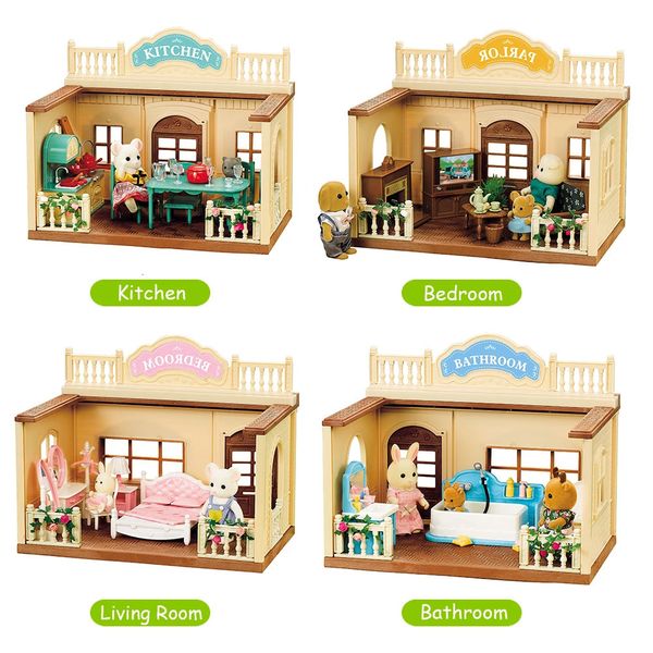 Doll House Accessories Forest Family Doll Houses Simulated Bathroom Suit Furniture Toys Miniatures Living Room Suit Single Storey House Doll