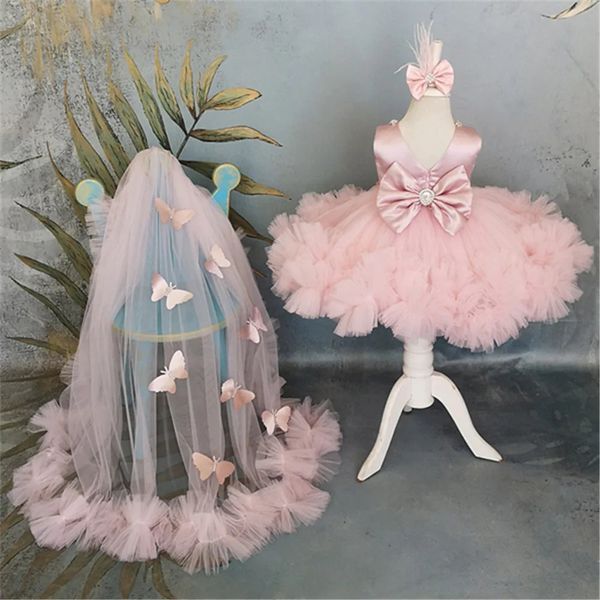 Baby Girls Dress For Flower Butterfly Vestidos Wedding Party Kids Dresses for Girls Pearls Tulle Evening Formal Dress For Brides 250120