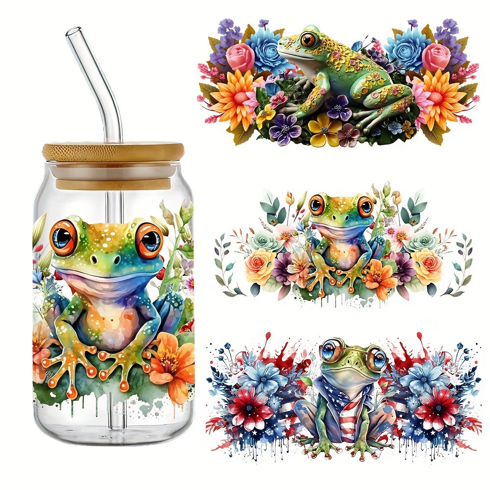TEMU 3pcs Frog Uv Printed Waterproof Stickers For 16oz Glass Cups - Diy Craft Decals, Colorful Polyester Fiber