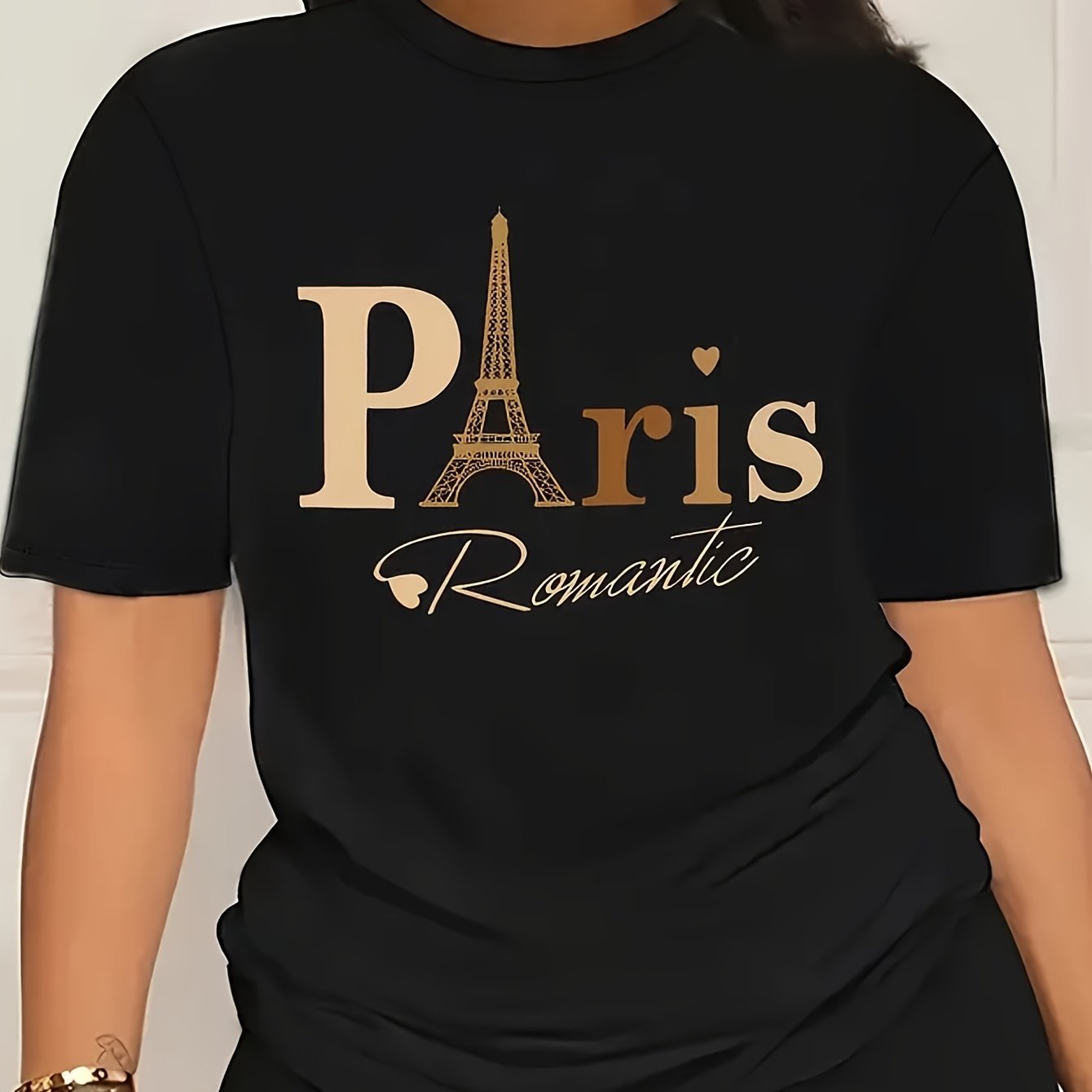 TEMU [ Shirt] Plus Size Paris Pieces, Casual Short Sleeve T-shirt, Women's Plus Size Clothing