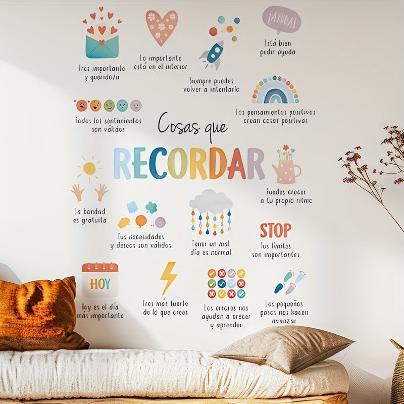TEMU Colorful Motivational English Wall Stickers With Cartoon Illustrations - Self-adhesive Pvc Removable Decals For Bedroom, Living Room, Study Room
