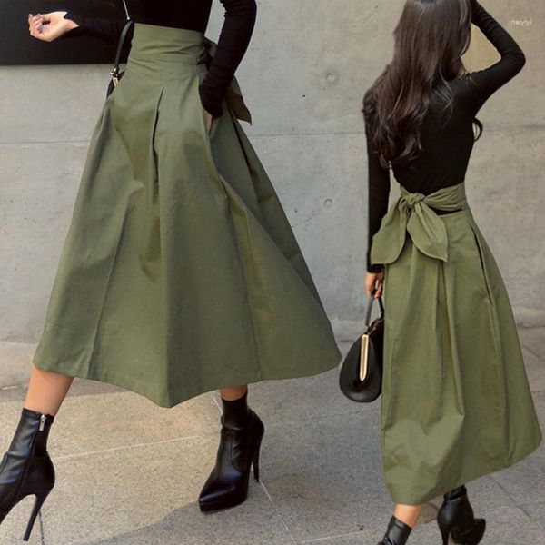 Skirts Military Green Women 2023 Summer Fashion Solid Elegant Skirt Long Autumn Wild High Waist Bow Slim