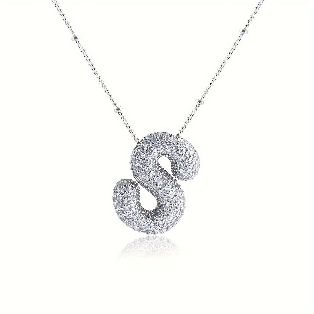 TEMU 1pc Silvery Minimalist 26-bubble Letter Pendant Necklace With Copper Inlaid Synthetic Zirconia Hollow Bead Chain Design Elegant Women's Jewelry