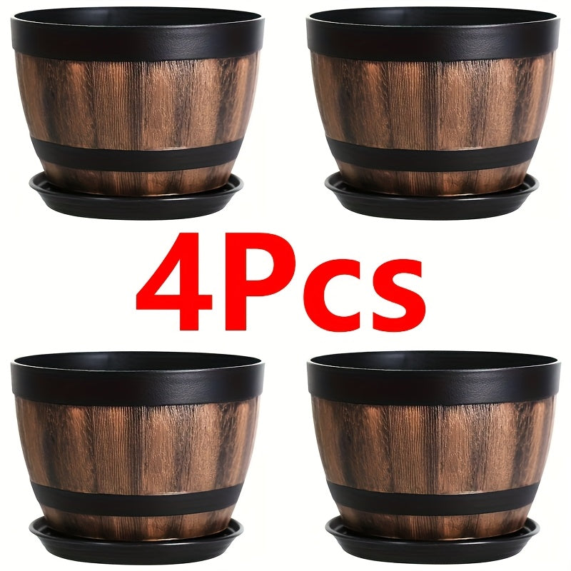TEMU 4pcs Vintage Whiskey Barrel Planter, Resin Striped Garden Pot With Drainage Holes And Plates, Plastic Oval Plant Container For Vanilla, Flowers,