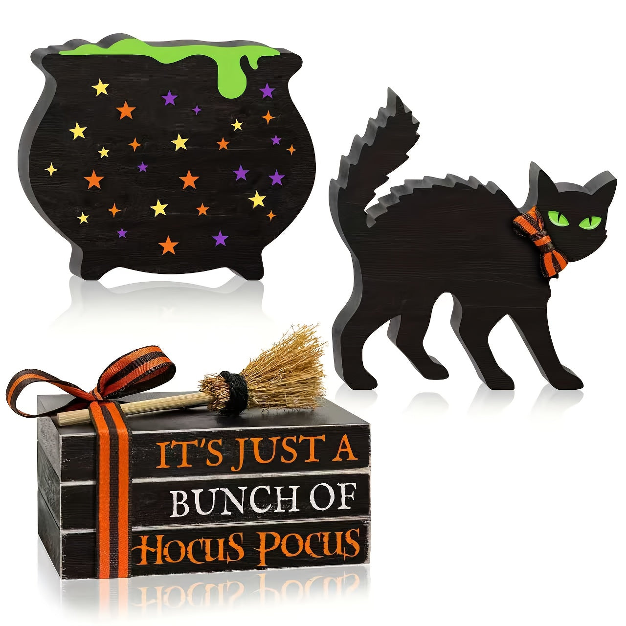 TEMU 3pcs Of Halloween Tiered Tray Decoration Set - Country Style Wooden Table Decoration With "black Cat", "cauldron Sisters", "broom" - Classic