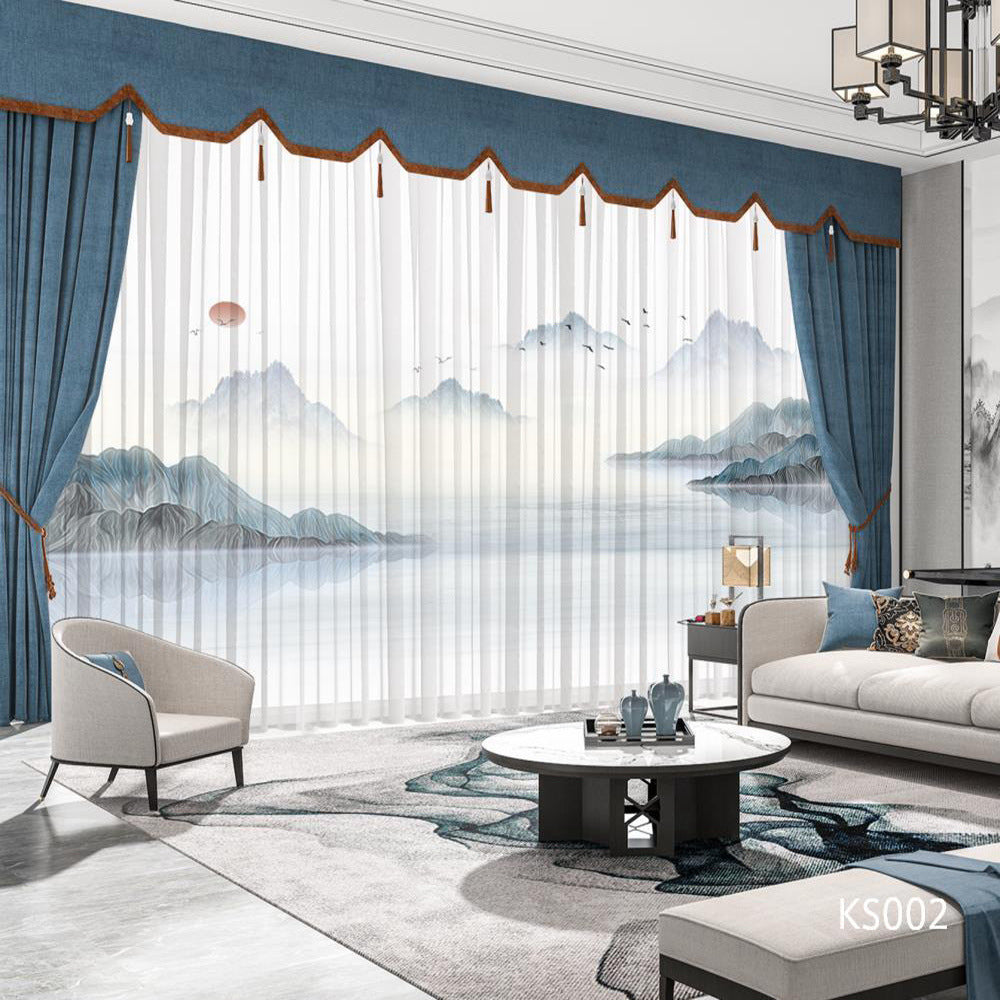 YL-36672 Modern New Chinese Style Ink Painting Landscape Living Room Study High-end Bedroom Famous Hotel Curtain Zen Gauze Curtain