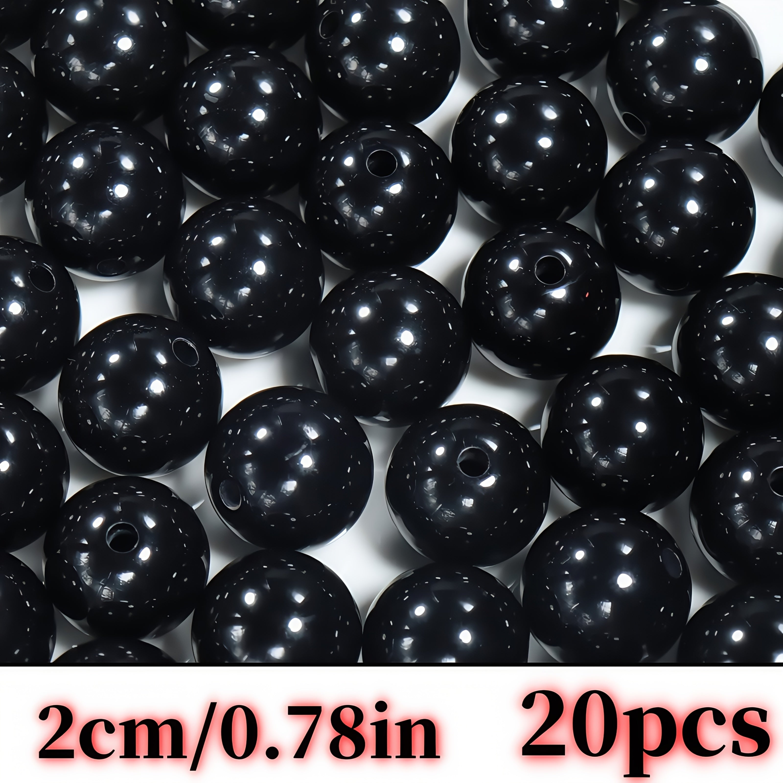 TEMU 20pcs 20mm Black Acrylic Beads - Large Glossy Round Beads With Center Hole For Making, Bracelets, Necklaces, Keychains - Durable & Lightweight