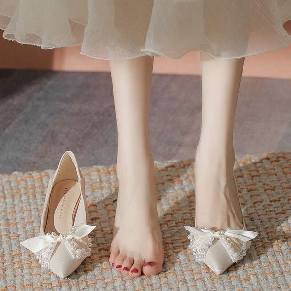 Bow apricot high heels autumn women with skirt shallow mouth pointed thick heel single shoes women comfortable design sense niche size
