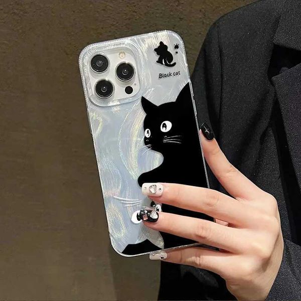 New Arrival Cartoon black cat phone case suitable for iPhone 16 15 phone case iPhone 13 11 12 14 Pro Max XR XS X 7 8 Plus SE2 silver feather