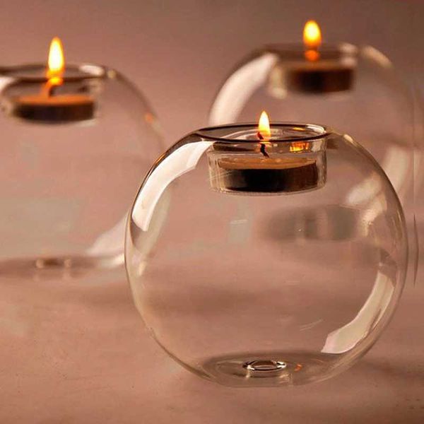 Candle Holders European Round Hollow Glass Candle Holder Wedding Banquet Bar Party Candlestick Holder Home Table Decoration Ornaments J24111