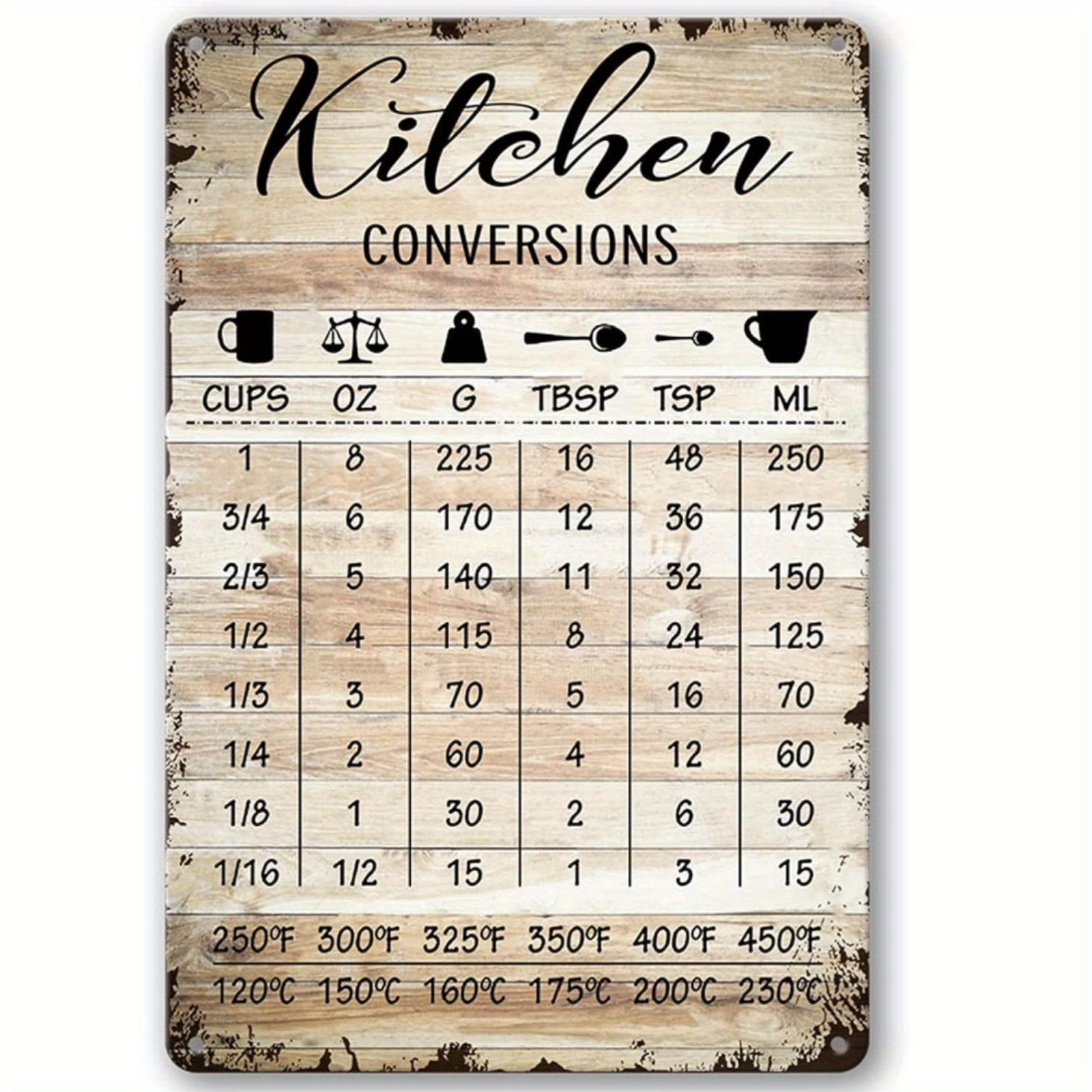 TEMU Farmhouse Kitchen Metal Sign - Rustic Wall Decor With Fun Conversion Chart, Frameless 8"x12" Country Style Home & Pantry Accent
