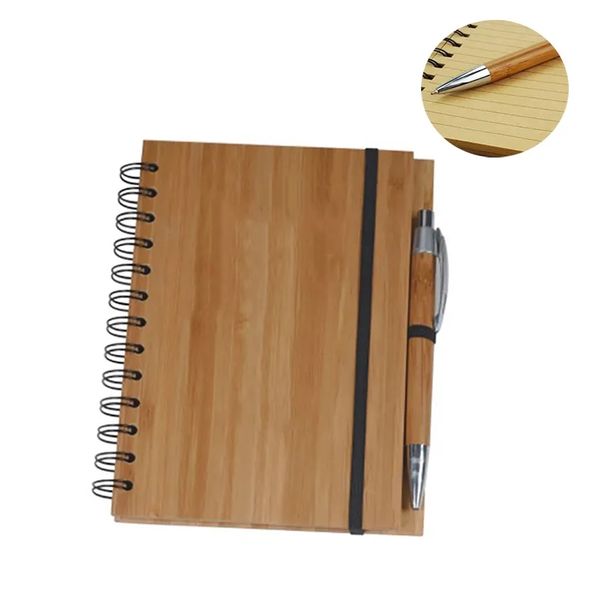 wholesale Wood Bamboo Cover Notebook Spiral Notepad With Pen 70 Sheets Recycled lined Paper