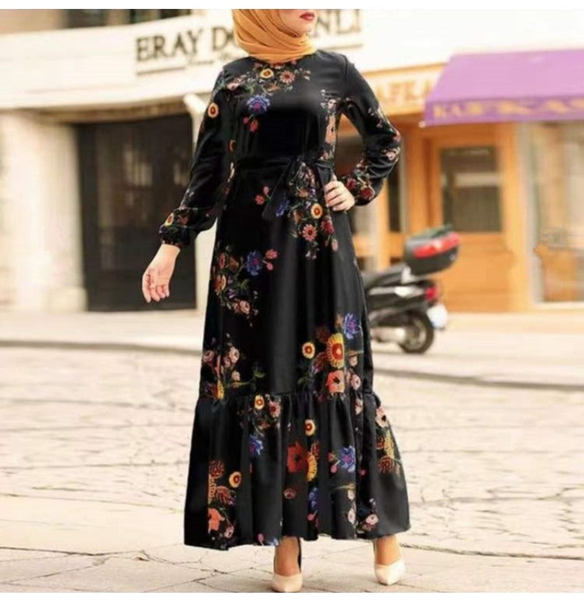 (549) New Medium-length Retro Printed Robe Belt Large Size Dress