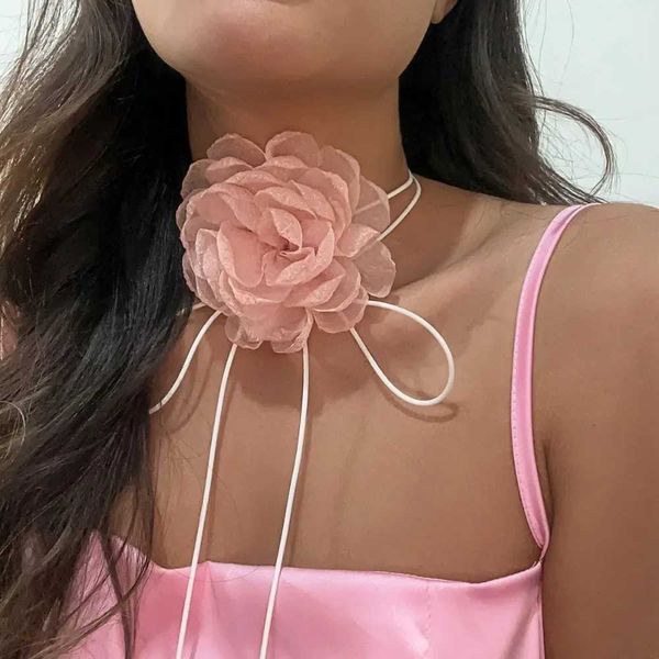 Black Rope Necklace Choker With Large Flower Women Jewelry Collar On Neck Wax Line Elegant Ladies Y2K Accessories 2023X240918