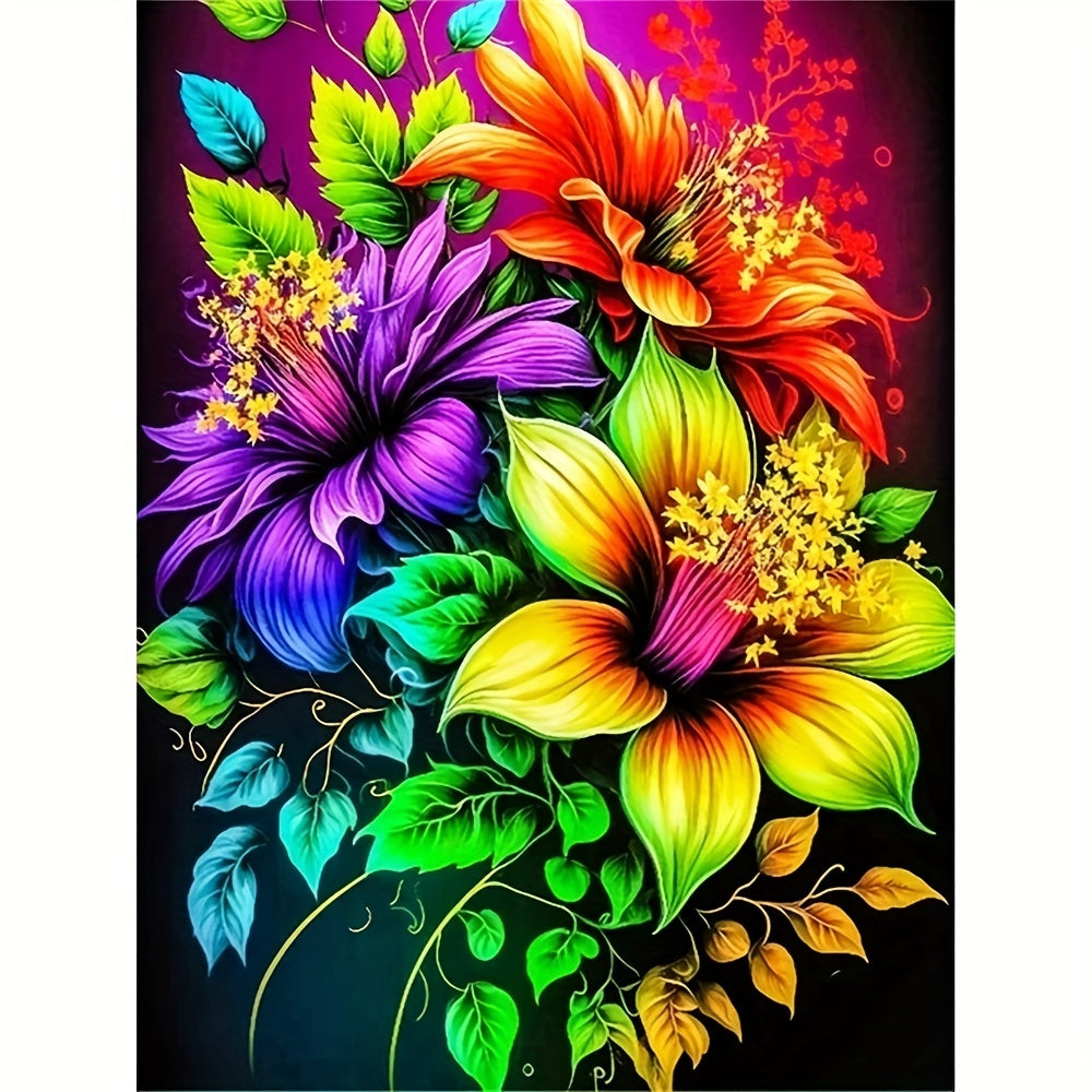 TEMU Vibrant Floral 5d Diamond Painting Kit - 11.8x15.7in Diy Canvas, Colorful Flowers & Leaves Mosaic Art, Frameless Wall Decor Craft For Home &