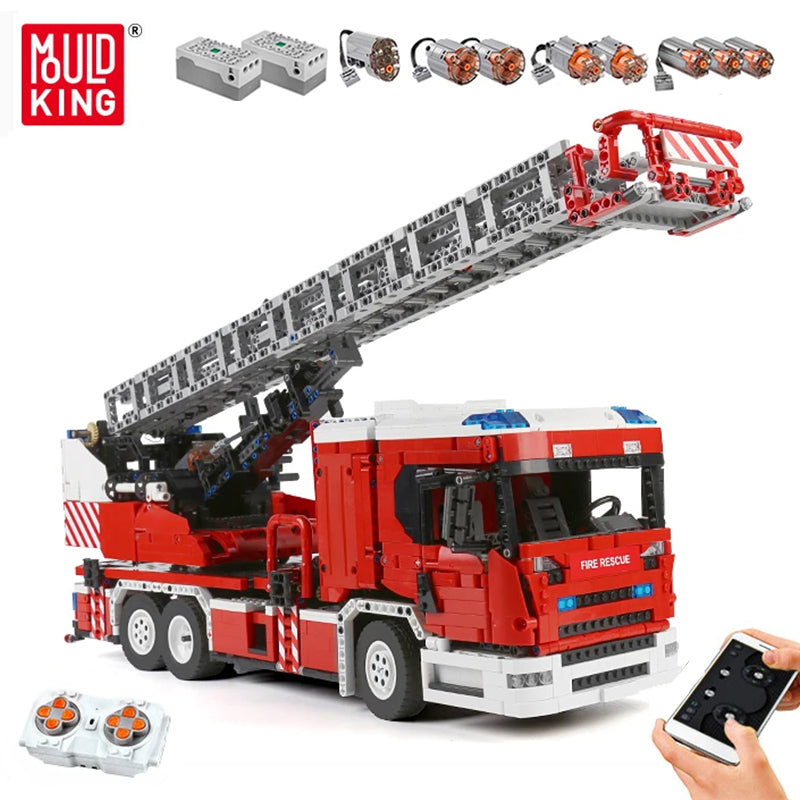 The Motorized Fire Ladder Truck Building Blocks MOULD KING 17022 Technical APP RC Fire Truck Model Educational Toys For Boys Kits Bricks Kids Toy Bi