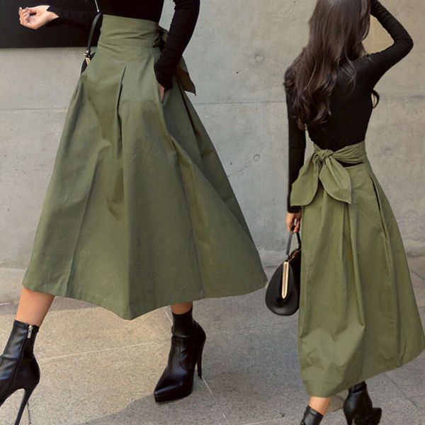 2Pcs-Set Womens Korean Fashion Solid Color Big Swing Ladies Long Skirt Autumn Wild High Waist Bow Slim Skirts