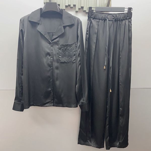 Women Casual Set Black Satin Blouses High Waist Straight Pants Luxury Silk Pajamas Embroidery Letter Homewear