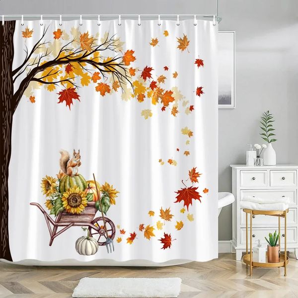 Autumn Maple Leaf Pumpkin Bathroom Shower Curtain Sunflower Thanksgiving Farmhouse Rustic Vintage Curtains Decor 240902