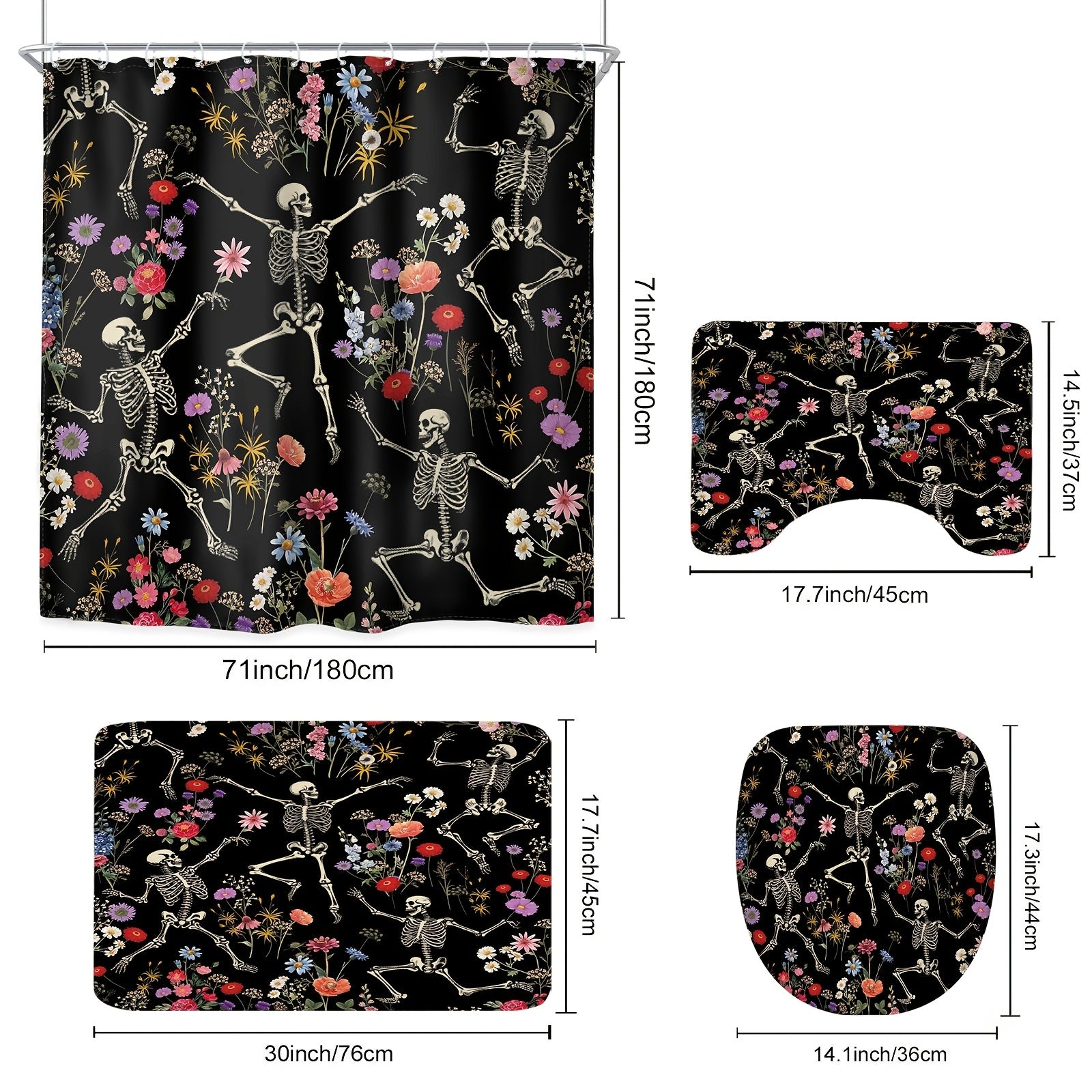 TEMU Funny Curtain Set, Gothic Skeleton Dancing Black Colored Floral Wildflowers Cool Horror Waterproof Shower Curtain With 12 Hooks, Non-slip