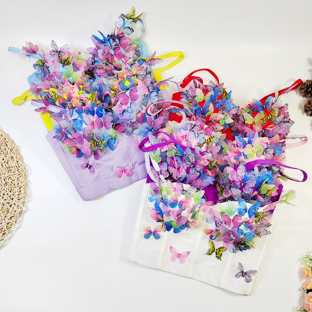 Women&#039;s Tanks Pink 3D Decoration Bustier Bra Women&#039;s Underwired Backless Tight Tank Tops Sweet Camisole Vest Summer Female Bra