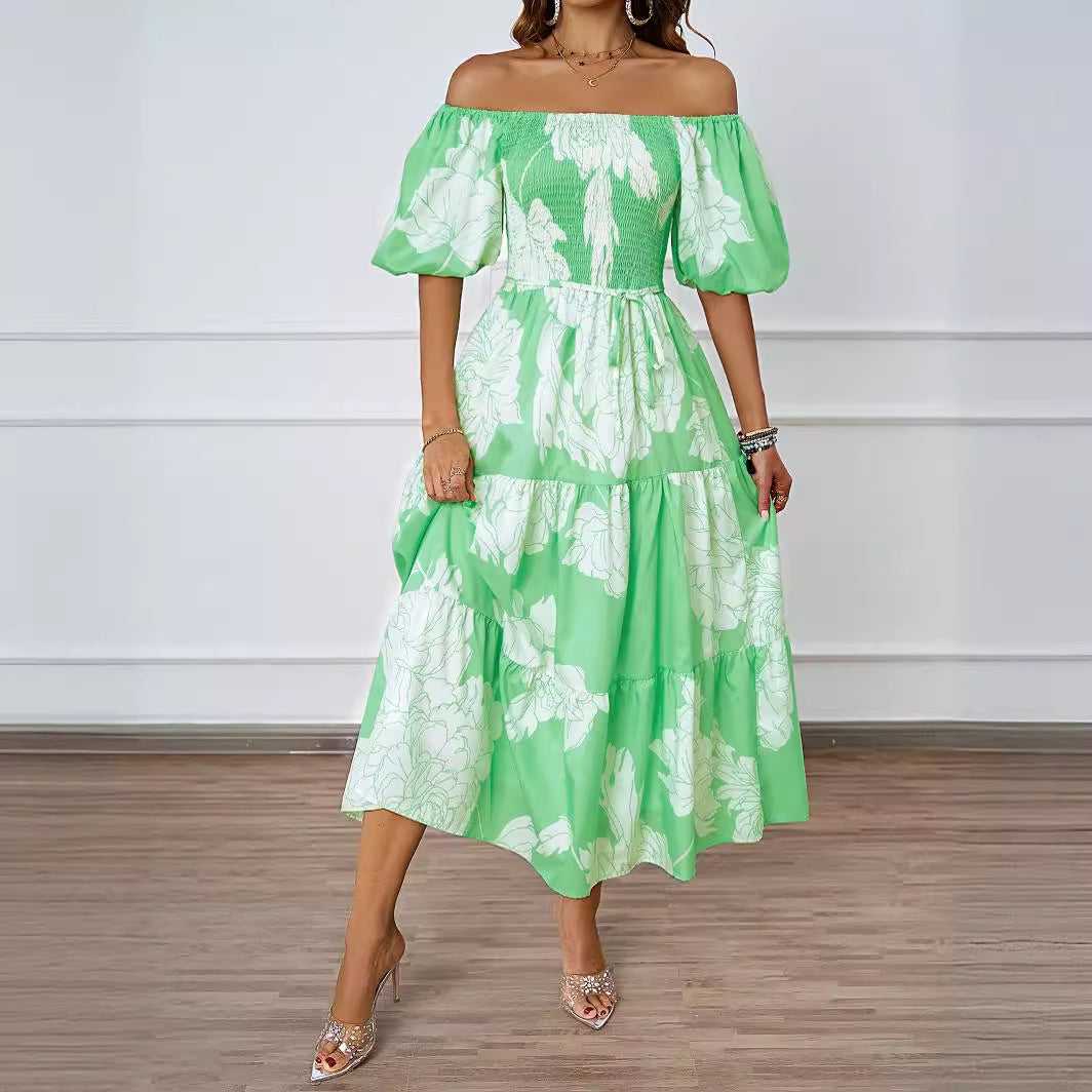 (142) Summer new elegant printed one-shoulder fashionable European and American swing dress