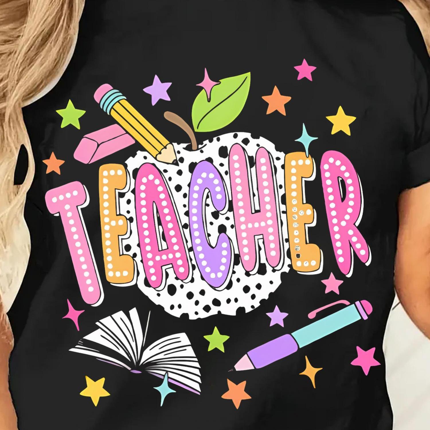TEMU Women's - Colorful & Supplies Graphic Design, Casual Short Sleeve Machine Washable Top For Educators, Black, Teacher Shirts, Attire, Vibrant